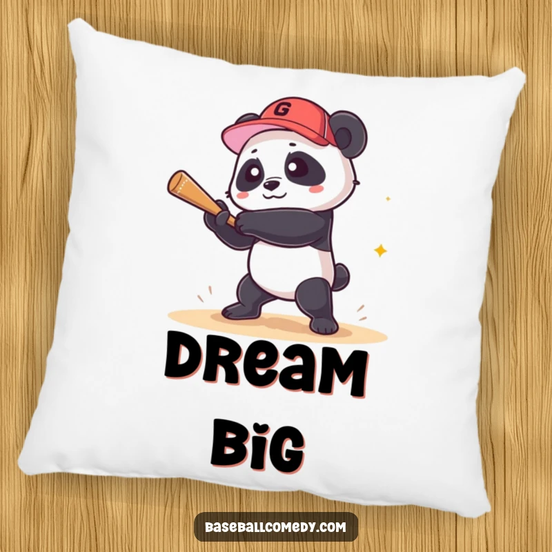 Funny panda pillow showing a playful panda hitting a grand slam, offering humorous sports comfort and a delightful decor piece.