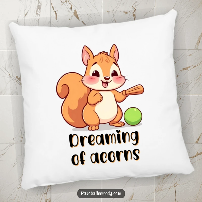 Funny pillow showcasing a cute cartoon squirrel dressed for baseball, holding a tiny bat, with a joyful and game-ready expression.