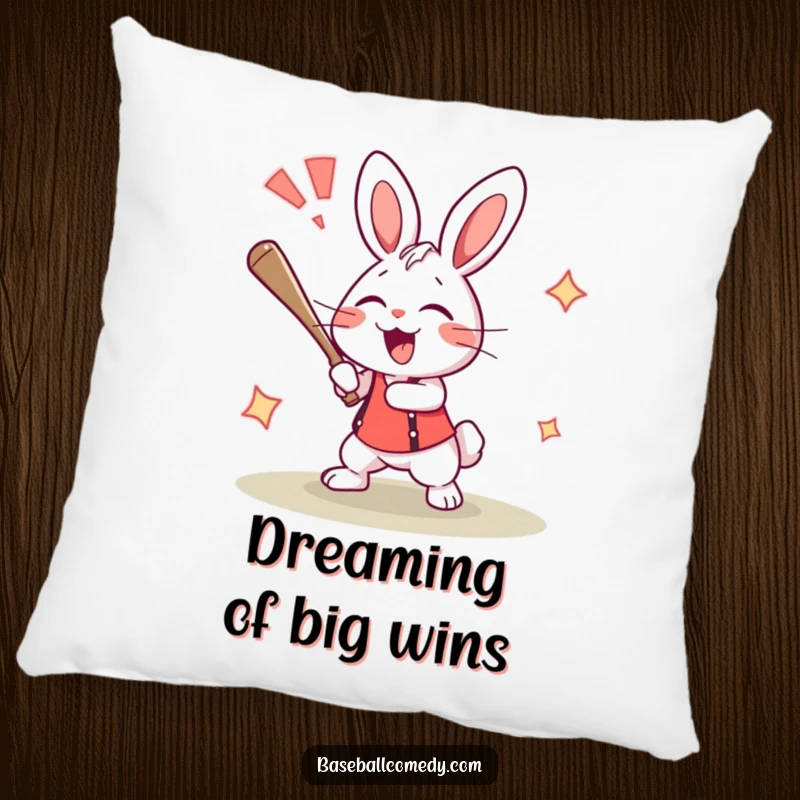 Funny rabbit pillow depicting an ecstatic bunny hitting a baseball for a home run, celebrating with a cheer.