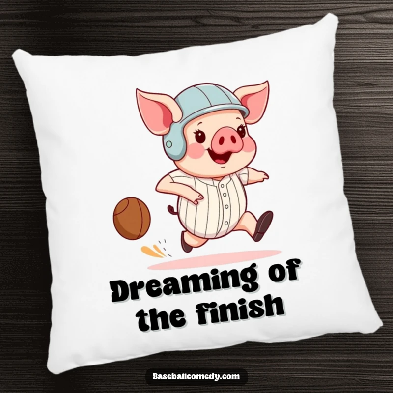 Funny pig wearing a helmet, comically running the bases with giant strides, featured on a soft and decorative pillow.