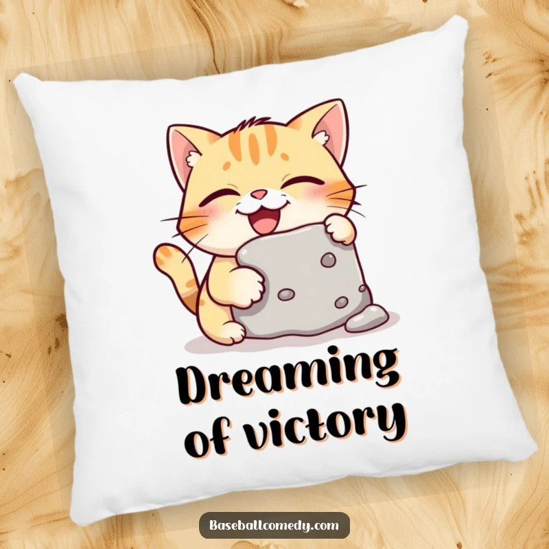 Funny pillow with a giggling cat caught stealing a baseball base, bringing humorous charm and comfort to any room.