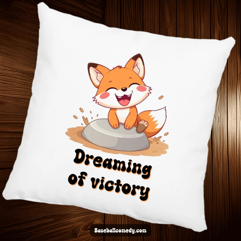 Funny fox sliding pillow, a happy fox slides into base with dirt flying and a huge grin, offering both comfort and humor.