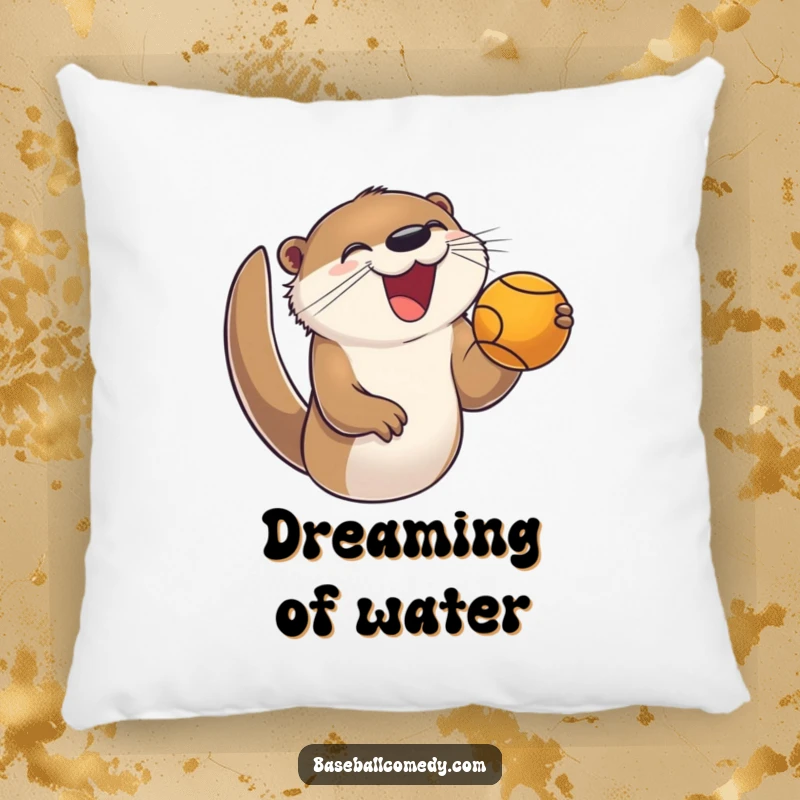 Funny pillow with a joyful otter enthusiastically catching a foul ball, offering a soft, humorous touch.