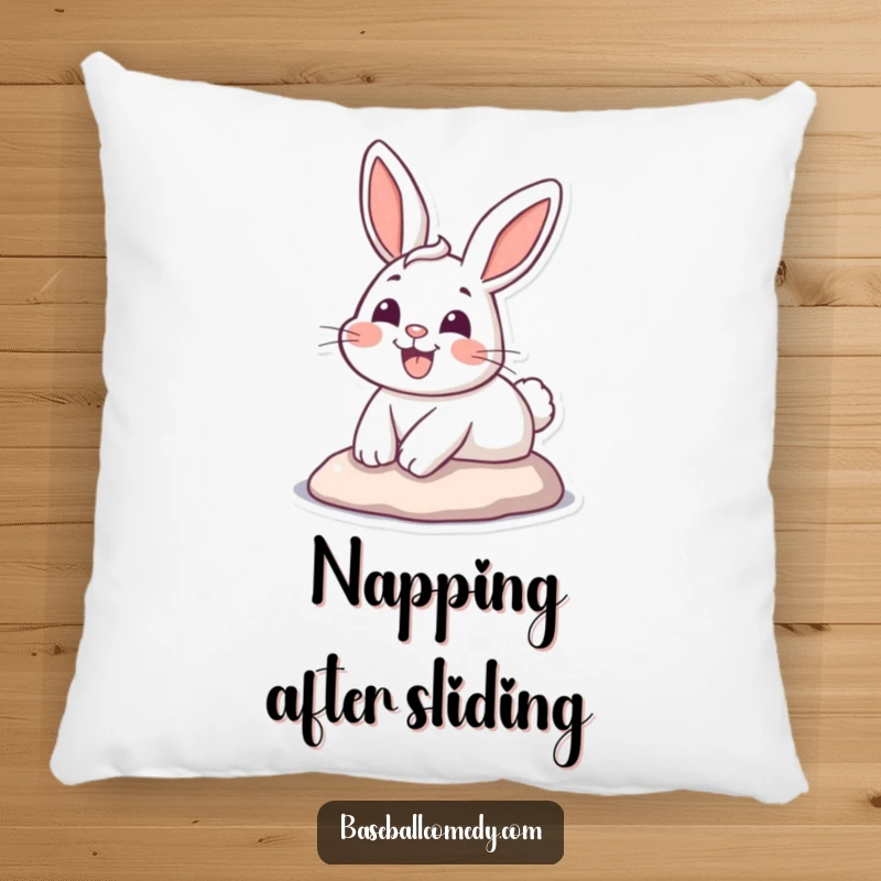 Funny pillow featuring a cute, grinning cartoon bunny rabbit in a dynamic slide towards home plate, full of energy.