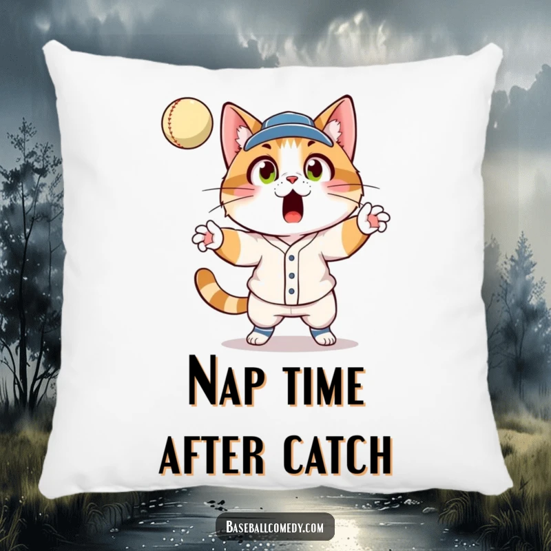 Funny cat in a baseball uniform, wide-eyed surprise, catching a fly ball, on a soft and decorative pillow.