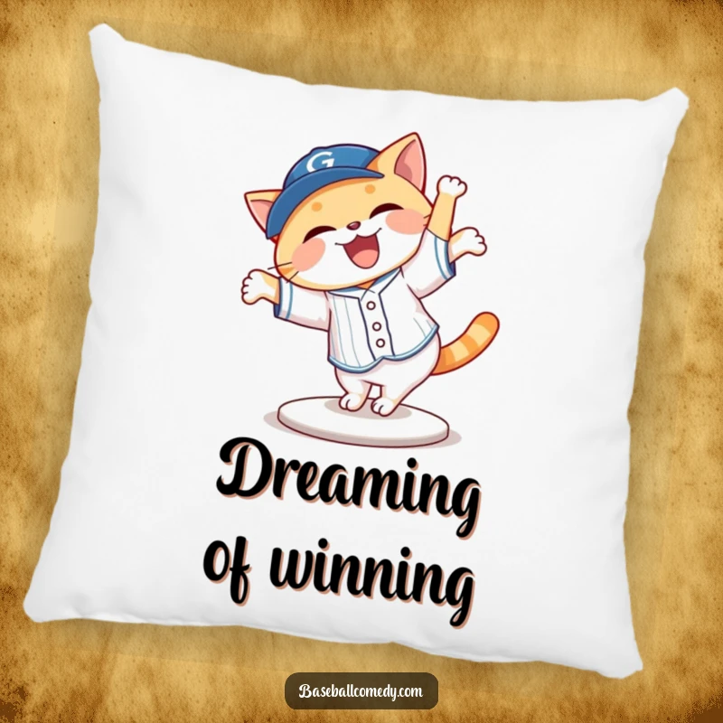 Funny cat in a baseball uniform cartwheeling happily on a soft pillow, a delightful accent piece.