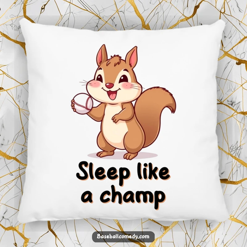 Funny pillow showcasing a cheerful squirrel throwing a baseball, perfect for adding humorous comfort.