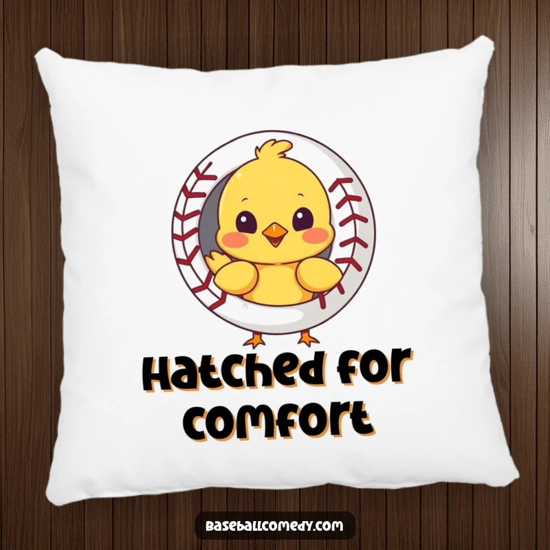 Funny pillow featuring a curious chick peeking out from behind a baseball, a soft and cuddly addition to any space.