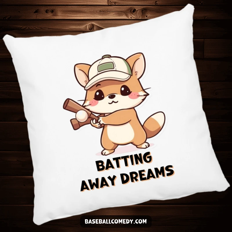 Funny pillow showcasing a determined animal wearing a cap, poised to bat a small ball, embodying focus and readiness.