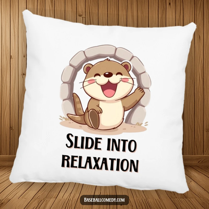 Funny otter pillow, excitedly sliding into home base with a wide grin, comfortable baseball-themed decor.