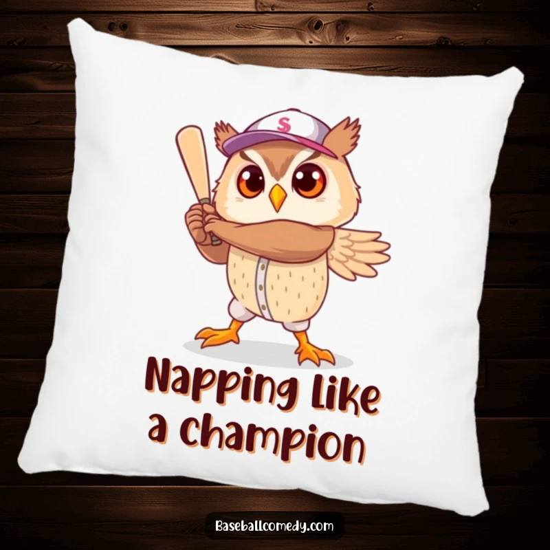 Funny pillow: A cute owl strikes a heroic baseball player pose, a soft and humorous addition to any room.