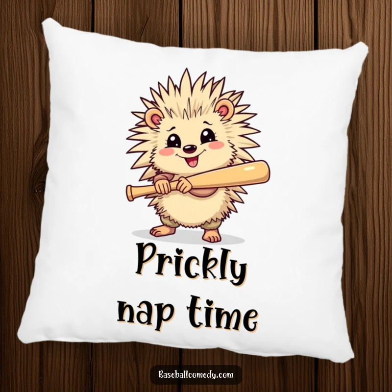 Funny pillow featuring a cheerful porcupine holding a baseball bat, ready to swing, a soft and spirited addition.
