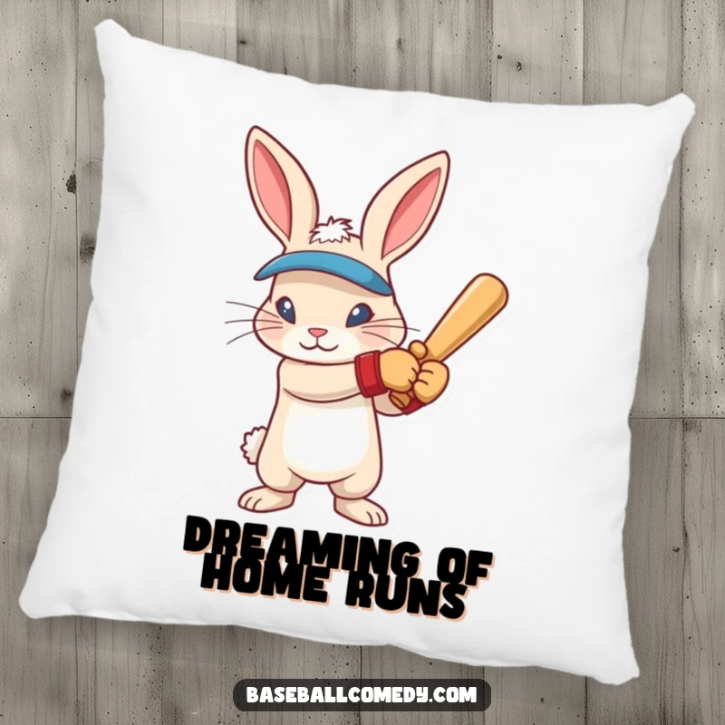 Funny rabbit in batting gloves, intense focus, ready to swing, on a soft and decorative pillow.