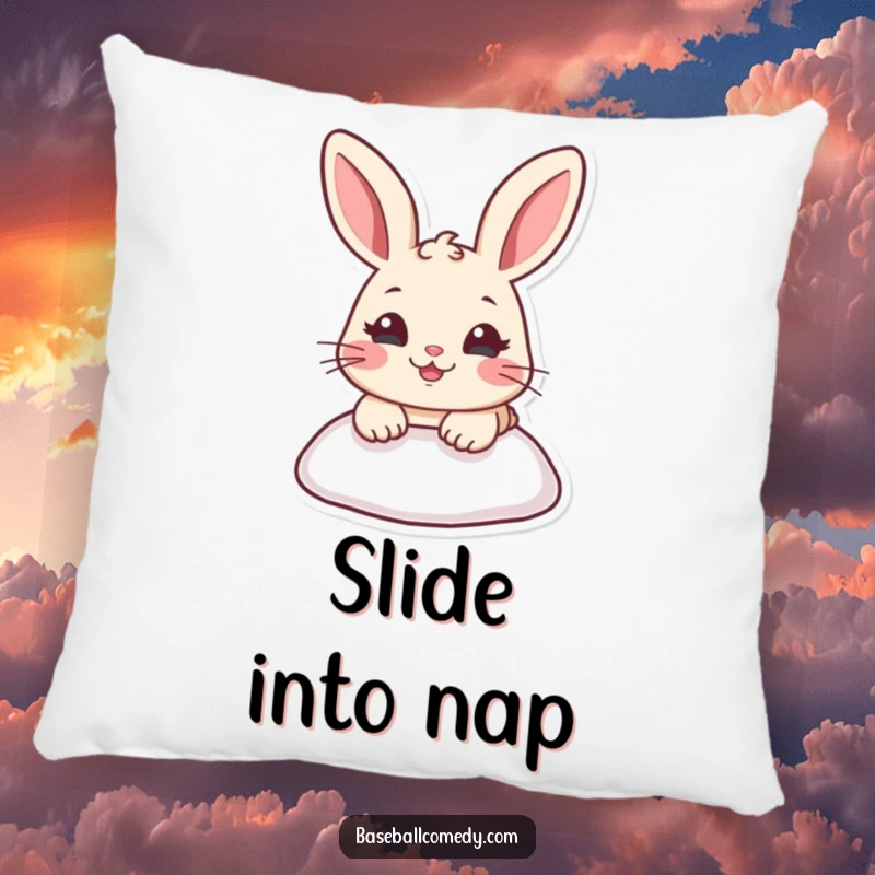 Funny pillow featuring a cheerful rabbit sliding into a baseball base, offering comfort and a humorous sports theme.
