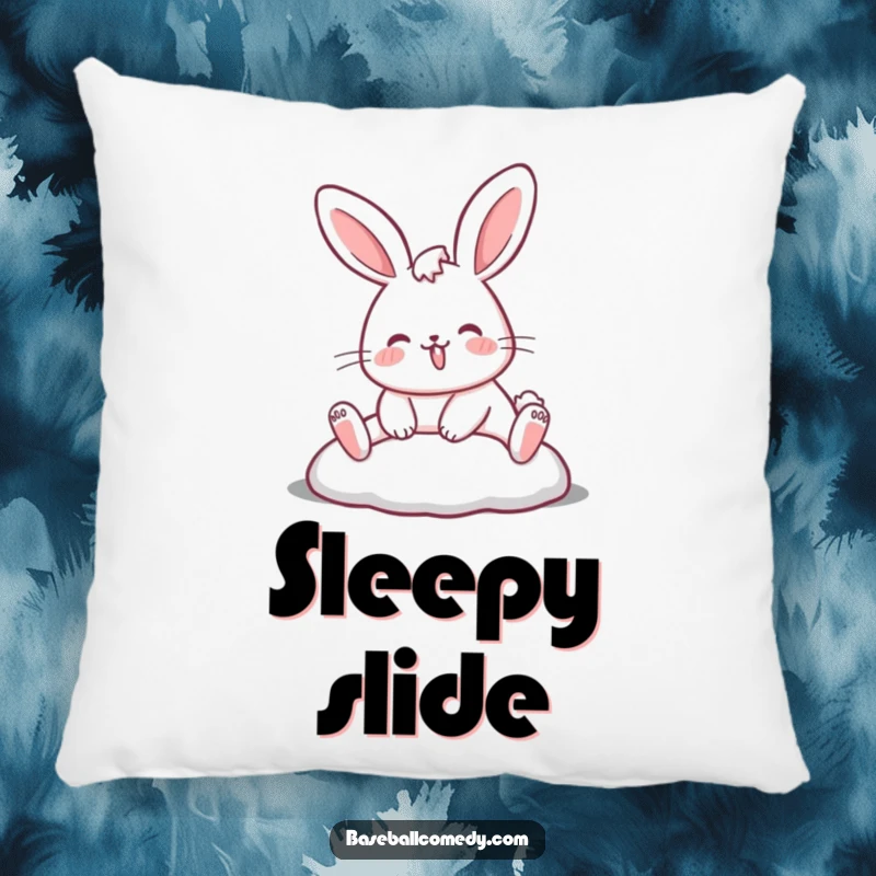Funny rabbit pillow showing a rabbit sliding into a base, offering humorous sports comfort and a delightful decor piece.