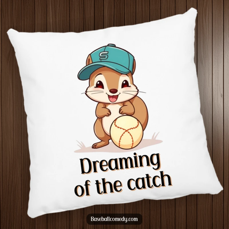 Funny squirrel baseball pillow, a squirrel in a cap excitedly fields a ground ball with its paws, offering comfort and cheer.