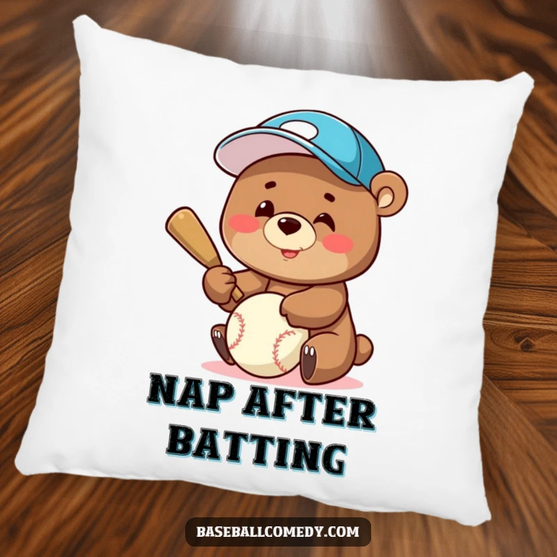 Funny Pillow: A cheerful bear in a baseball cap joyfully bats a baseball, offering a soft and humorous decorative touch.
