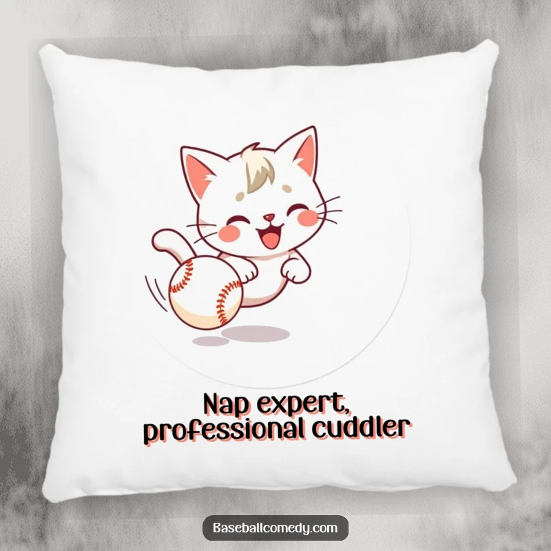 Funny cat pillow featuring a playful kitten hilariously pursuing a baseball, adding comfort and laughs to any room.