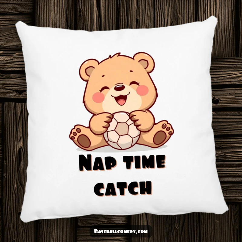 Funny bear pillow showcasing a smiling bear playing baseball, catching a ball with its paws, offering humorous comfort and decor.