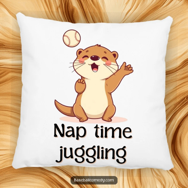 Funny pillow featuring a cute cartoon otter playfully juggling baseballs in the air with a happy, engaged expression.