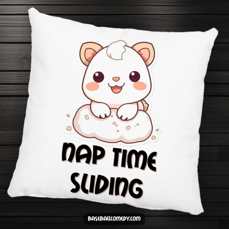 Funny Pillow: Smiling animal sliding into a base, with dust clouds, capturing the excitement and fun of baseball.