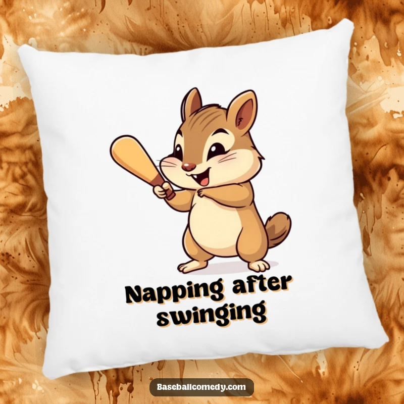 Funny chipmunk pillow, cheerfully swinging a tiny baseball bat with gusto, cozy baseball-themed cushion.