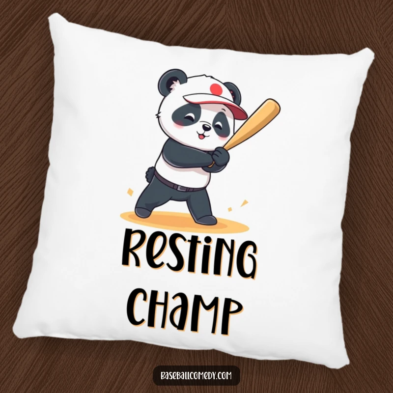 Funny pillow featuring a playful panda hitting a baseball for a grand slam, offering comfort and a humorous sports theme.