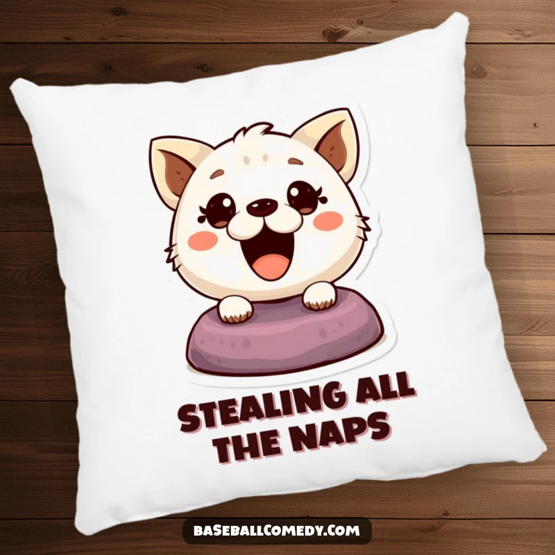 Funny pillow featuring a cute animal eyes wide in excitement, mid-base steal, embodying speed and playful determination.