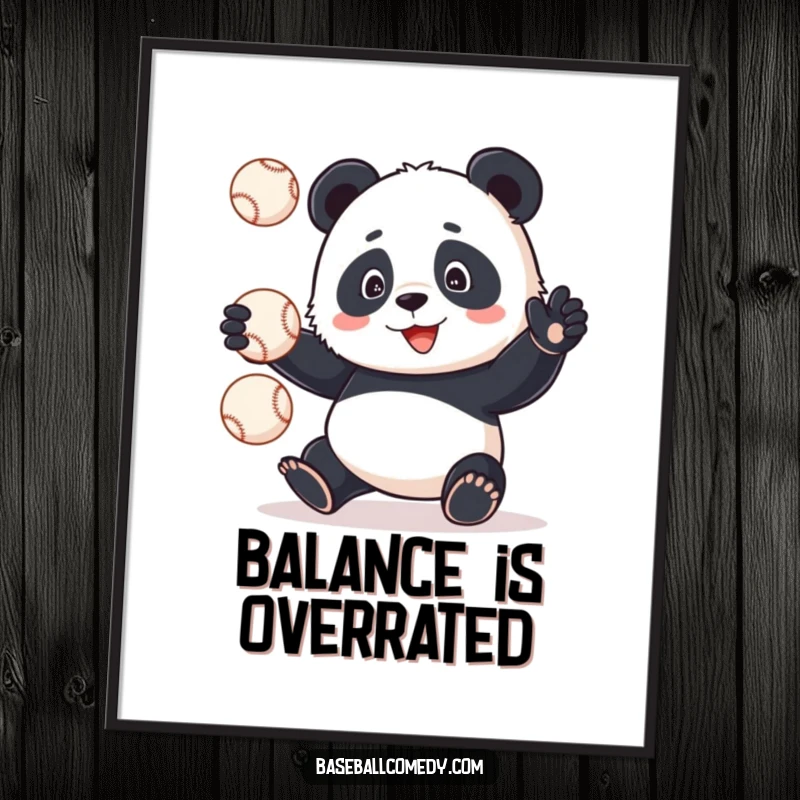Funny panda comically juggling baseballs in a dynamic pose, digital art print, humorous instant wall decor.