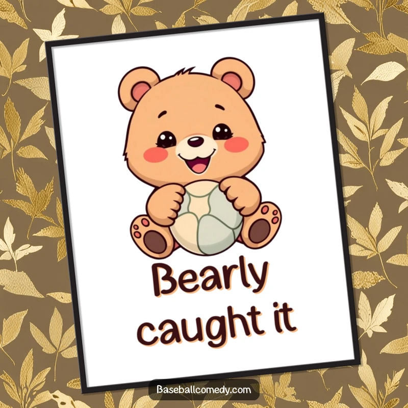 Funny digital art print of a smiling bear skillfully catching a ball with its paws, ideal for instant humorous decor.