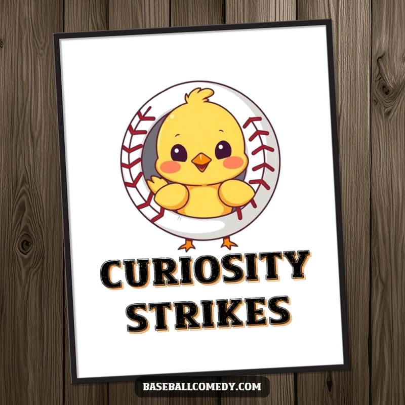 Funny digital art print of a curious chick peeking out from behind a baseball, adding a touch of whimsy.