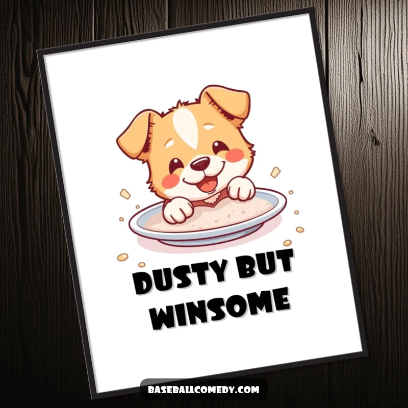 Funny Digital Art Print: A cheerful dog slides into home plate, covered in dust, perfect for instant playful decor.