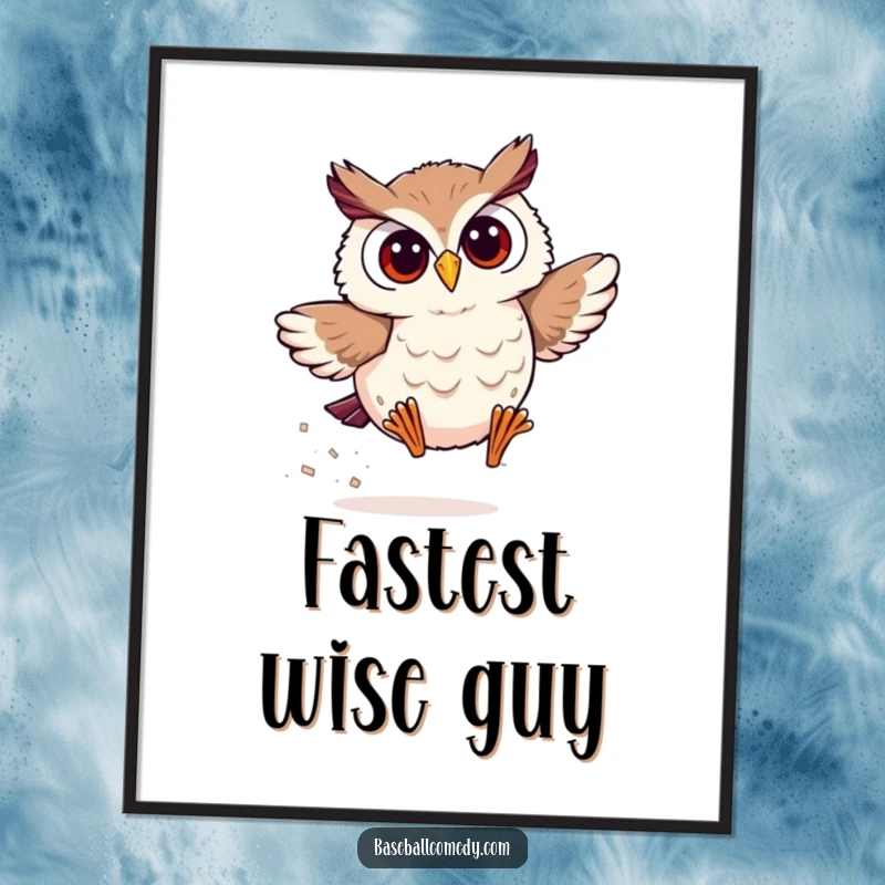 Funny owl digital art print of a smiling owl rounding the bases with surprising speed, energetic baseball artwork.