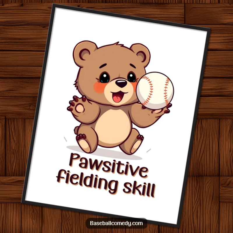 Funny bear cub digital art print, determinedly catching a baseball with outstretched paws, focused sports art.