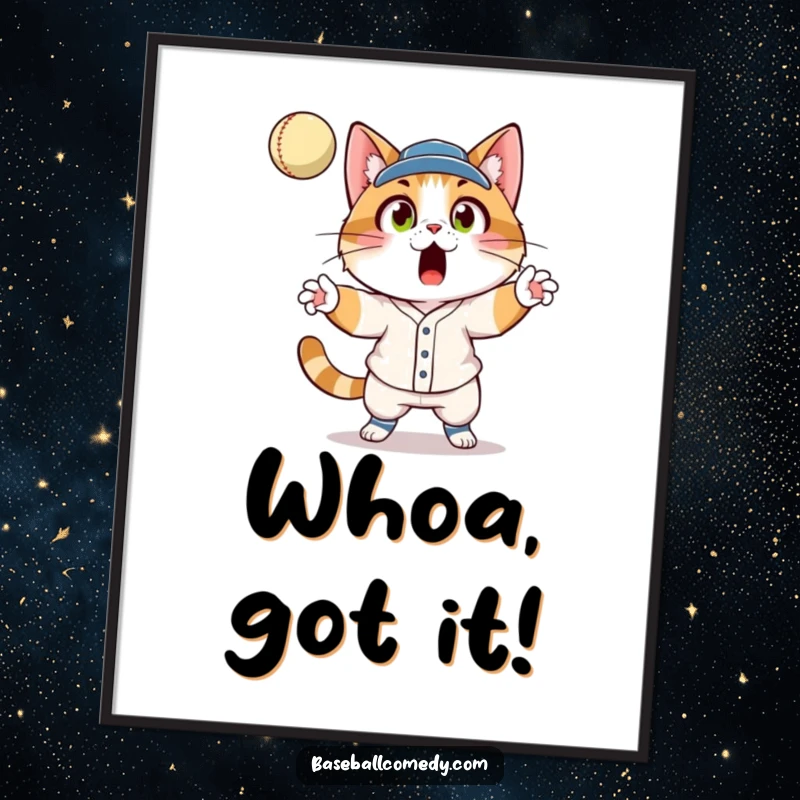 Funny cat in a baseball uniform, wide-eyed surprise, catching a fly ball, for digital art print download.