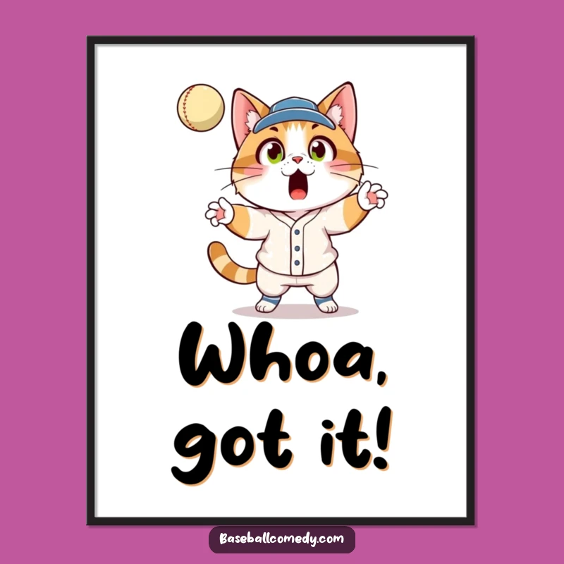 Funny Cat Baseball Digital Art: Surprised Feline Catcher Print Download