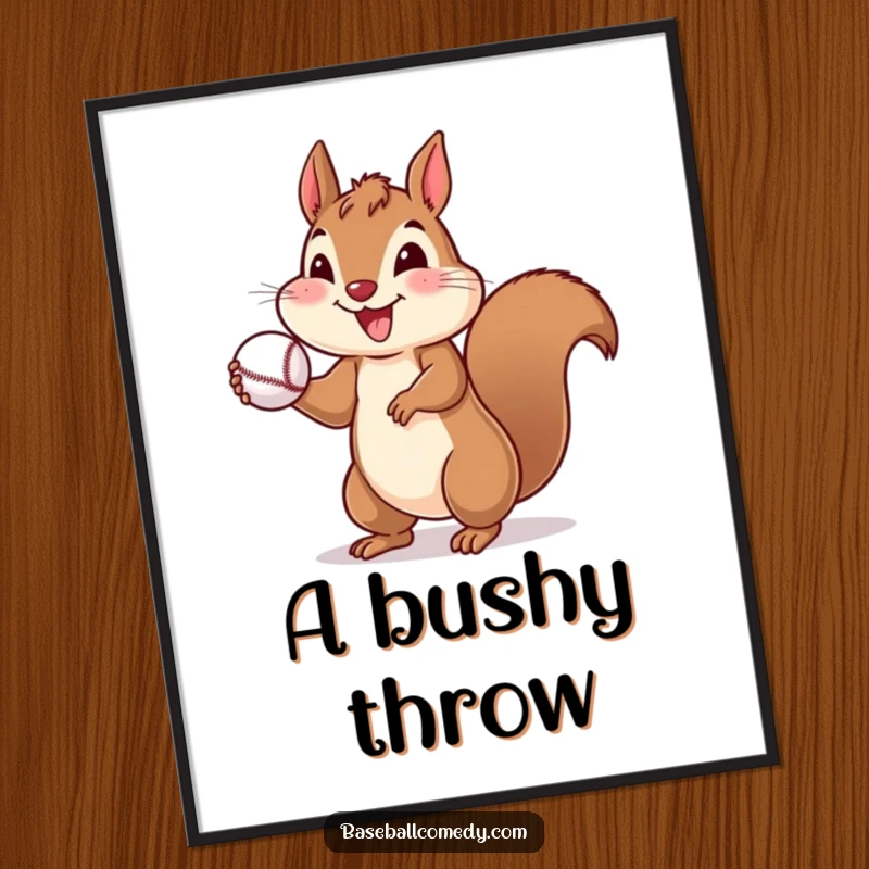 Funny digital art of a cheerful squirrel throwing a baseball, perfect for instant joyful decor.