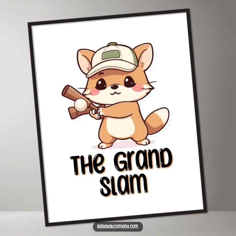 Funny digital art print of a determined animal wearing a cap, intensely focused on batting a small ball, full of drive.