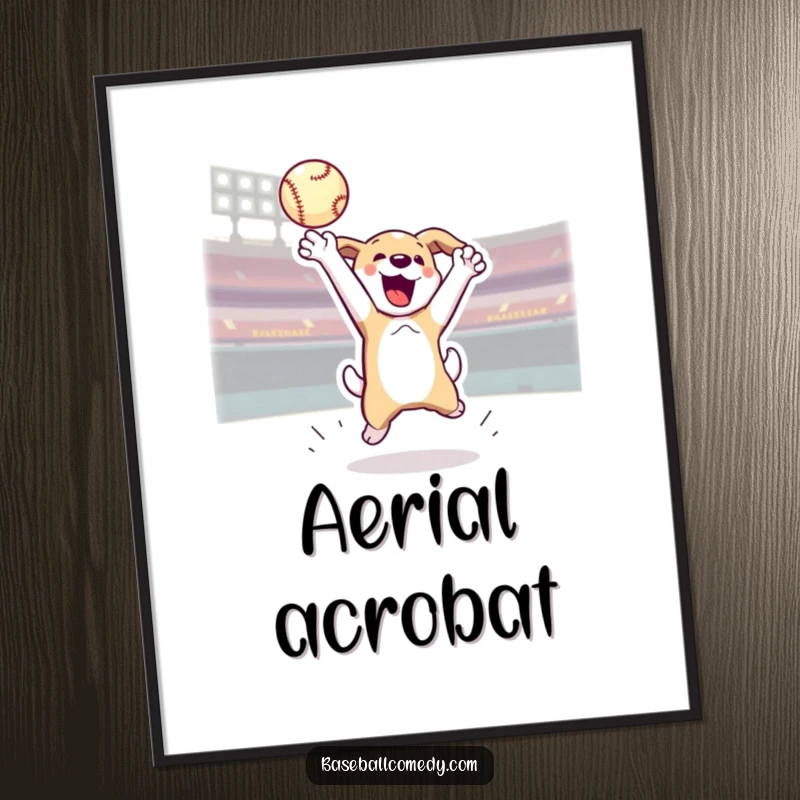 Funny digital art print of an energetic dog jumping to catch a home run baseball, capturing athletic fun.