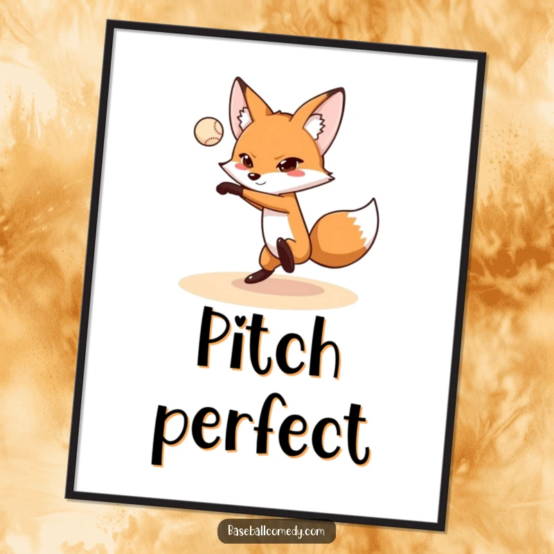 Funny fox digital art print of a fox pitching a baseball, offering instant humorous sports decor for screen readers.