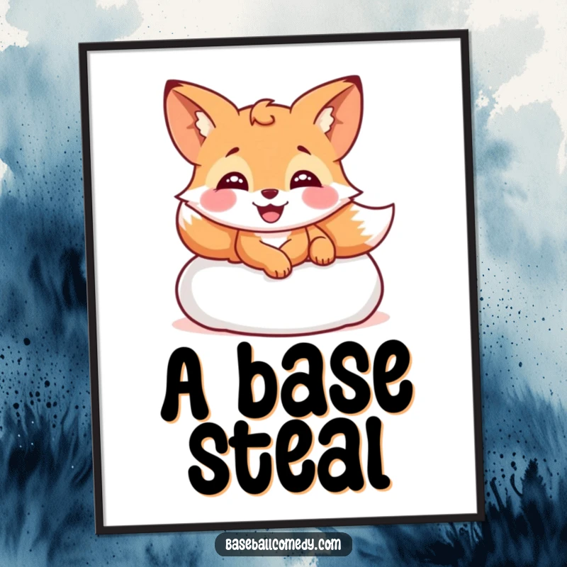 Funny digital art of a giggling fox sliding into a baseball base, perfect for instant humorous decor.