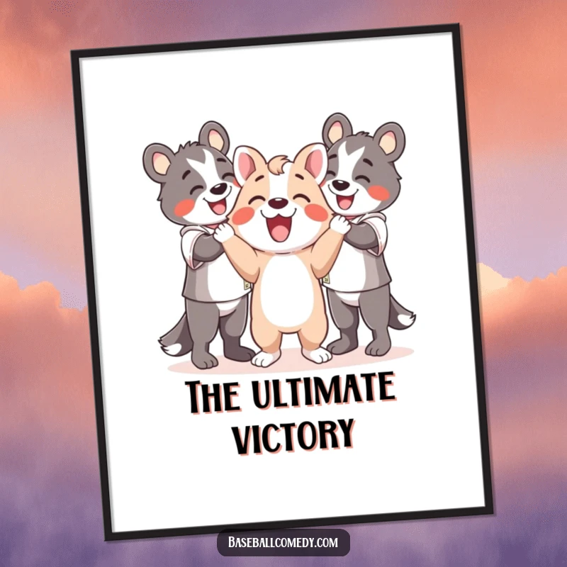Funny digital art print of a happy animal celebrating with teammates, capturing the essence of pure joy and camaraderie.