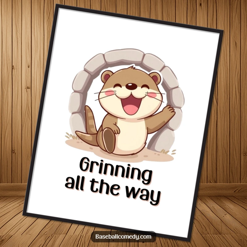 Funny otter digital art print, excitedly sliding into home base with a wide grin, humorous baseball decor.
