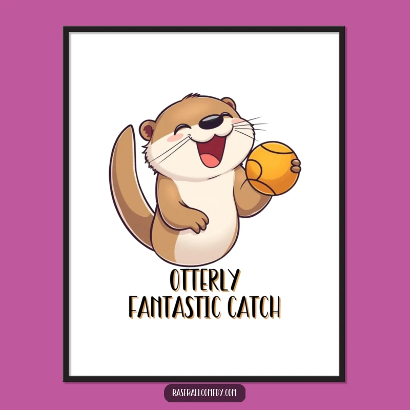 Funny Otter Baseball Digital Art: Joyful Catcher Print, Whimsical Enthusiastic Gift