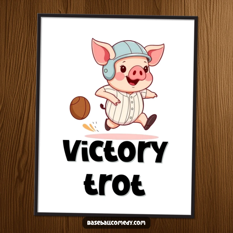 Funny pig wearing a helmet, comically running the bases with exaggerated strides, for digital art print download.