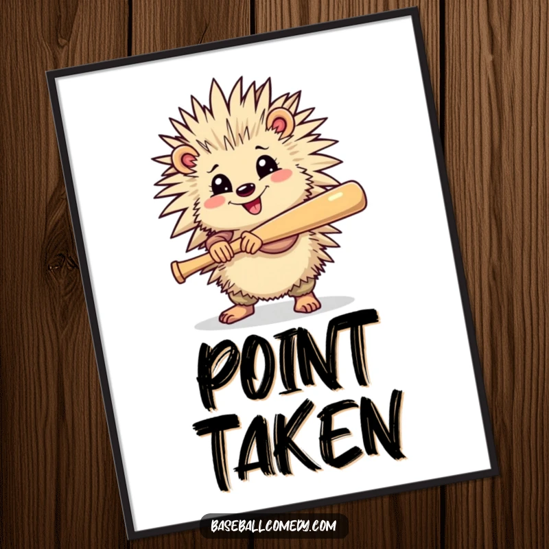 Funny digital art print of a cheerful porcupine holding a baseball bat, ready to swing, adding quirky charm.