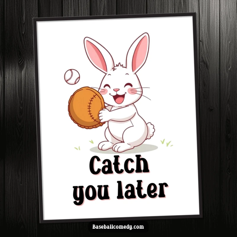 Funny Digital Art Print: A joyful rabbit catches a baseball with an oversized mitt, perfect for instant charming decor.