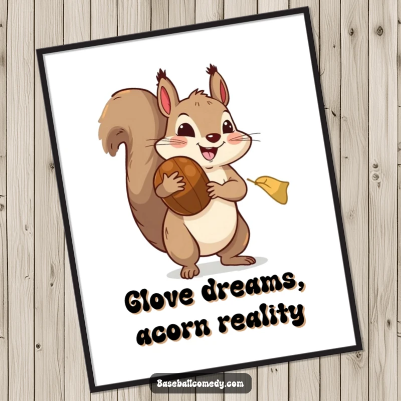 Funny digital art print: A happy squirrel in an oversized baseball mitt is ready to catch a giant acorn, comic art.
