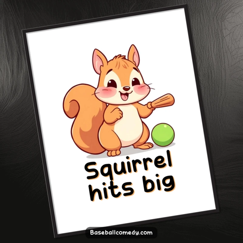 Funny digital art print of a cheerful cartoon squirrel playing baseball, swinging a tiny bat with infectious energy and humor.