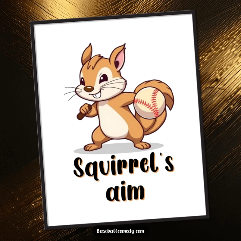 Funny Digital Art Print: A determined squirrel pitches a baseball with great effort, perfect for instant motivational decor.